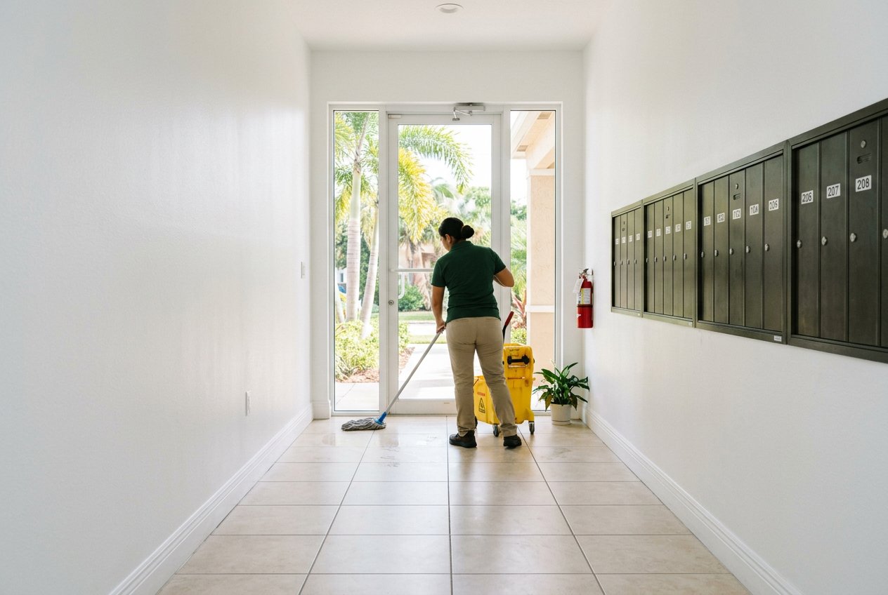 Freshly cleaned entrance hallway of a small apartment building, with a cleaner mopping the floor