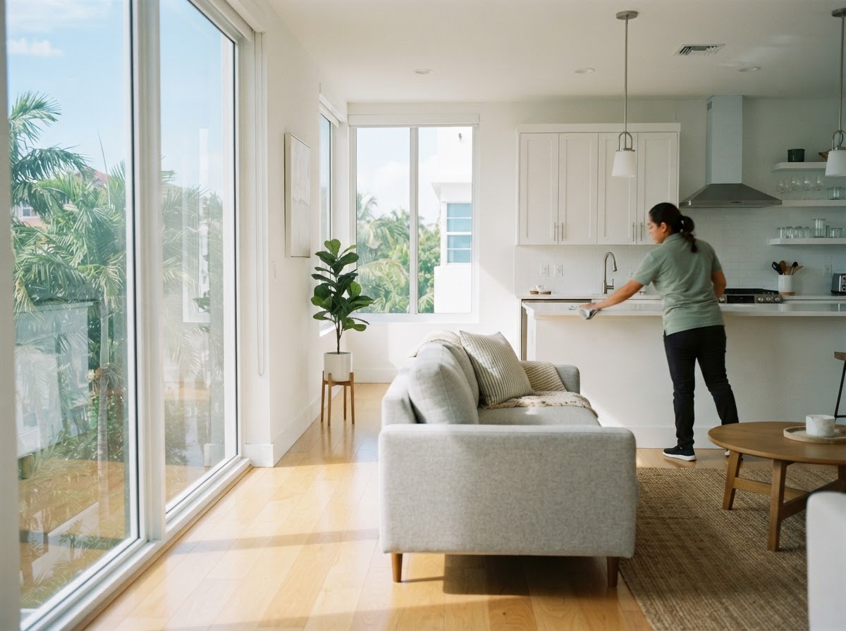 Bright, freshly cleaned apartment living room with a cleaner wiping the kitchen counter